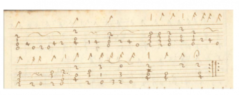 Notenbsp. Madonna tenerina (mit Wellenlinien). Tabulaturhandschrift A-Wn Mus. Hs. 18827.
