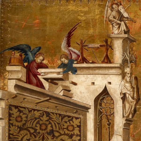 Engel beim Kirchenbau. Verkündigung Mariens mit musizierenden Engeln (Detail). Meister von Heiligenkreuz (um 1380), © Kunsthistorisches Museum Wien
